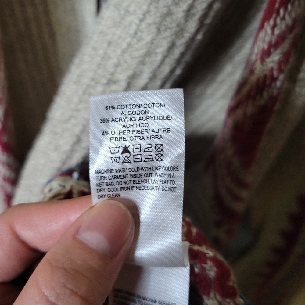 Lucky Brand Cream Red Southwestern Print Open Front Hooded Cardigan - Picture 6 of 8